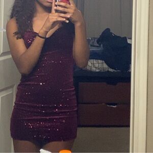 B Darlin Sequined Wine Red Mini Dress with Spaghetti Straps